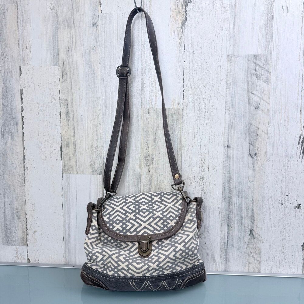 Geometric Print Crossbody Bag with Leather Accents